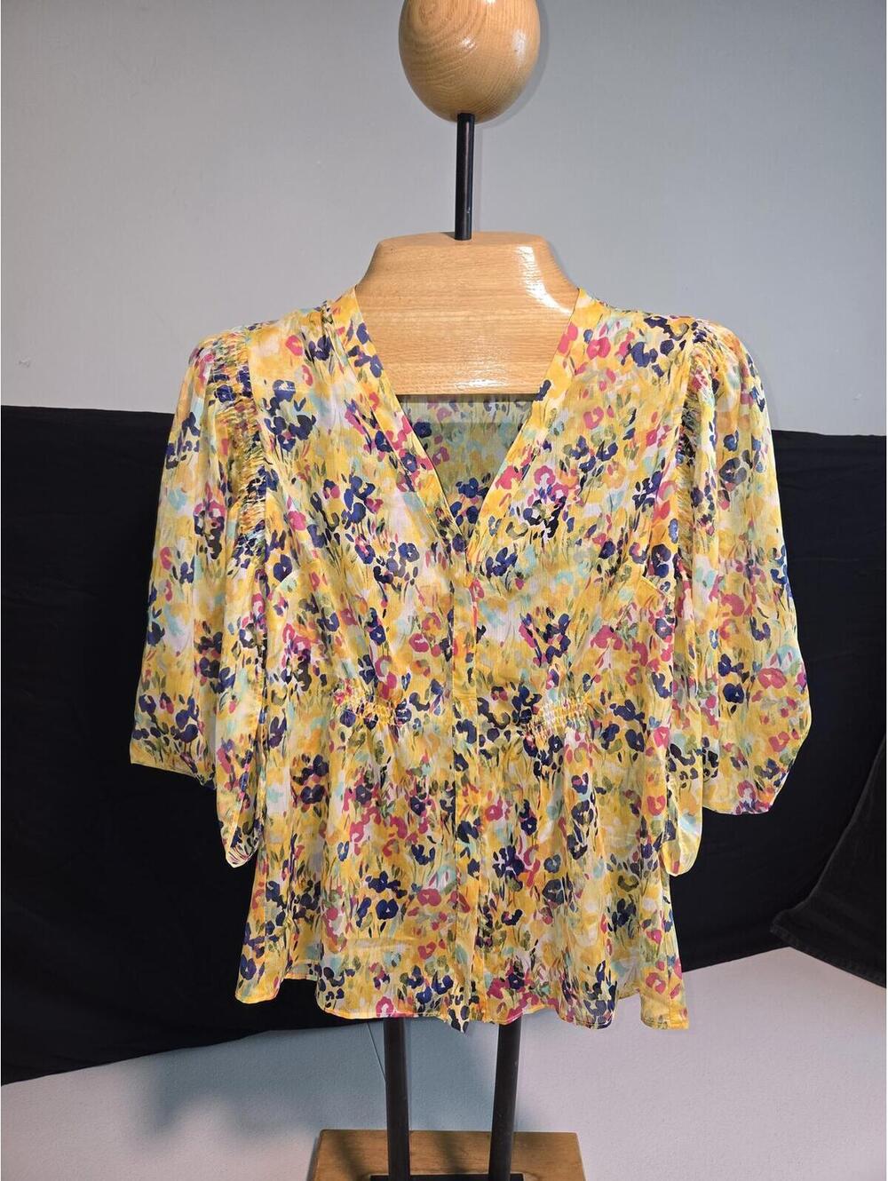 Floral Yellow V-Neck Blouse with Puff Sleeves and Waist Tie